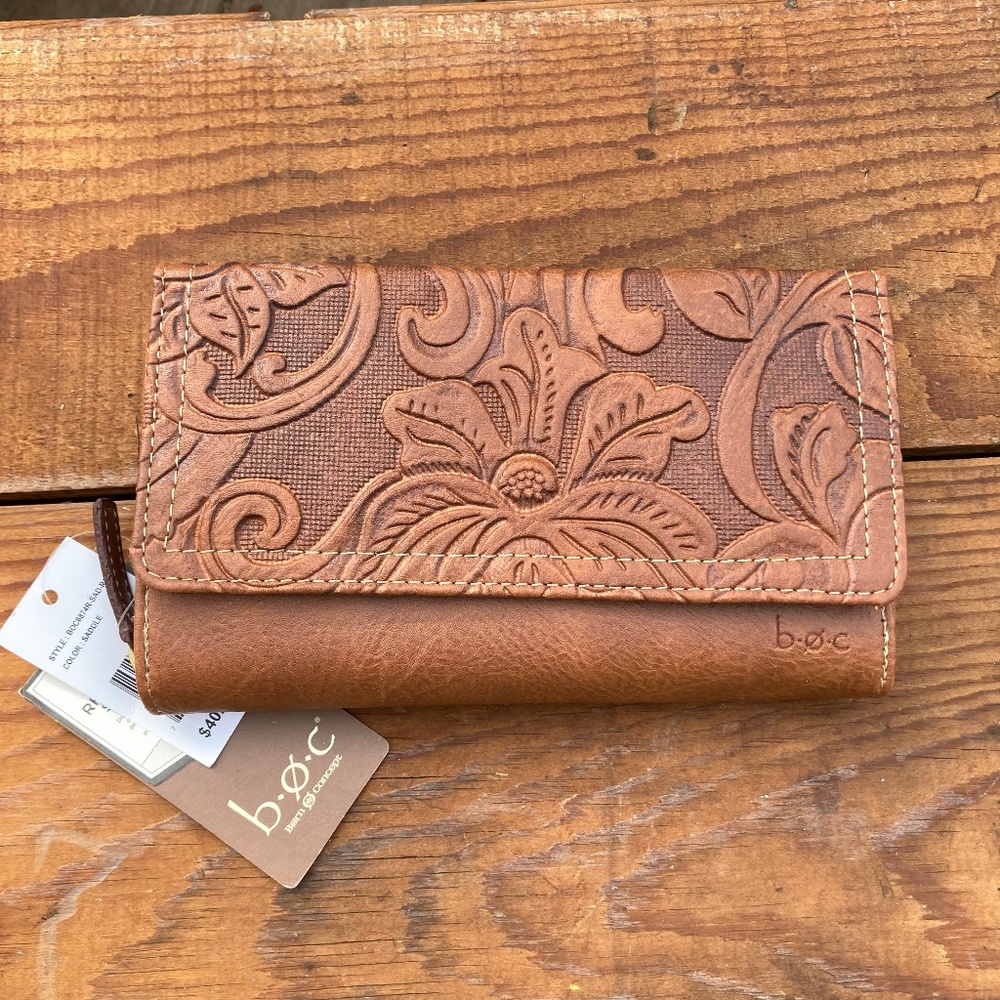 b.o.c. Embossed Floral Brown Leather Wallet